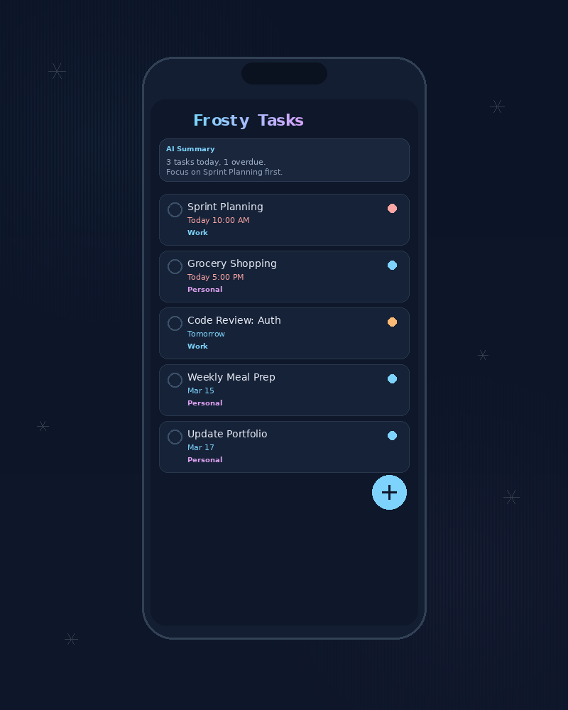 Frosty Tasks iPhone app showing AI-powered task list with frosted glass design